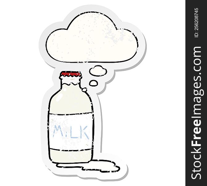 cartoon milk bottle with thought bubble as a distressed worn sticker