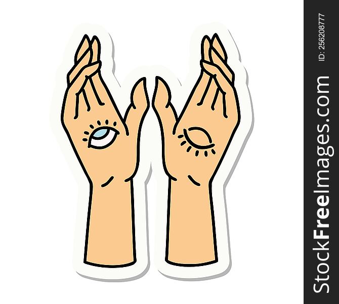sticker of tattoo in traditional style of mystic hands. sticker of tattoo in traditional style of mystic hands