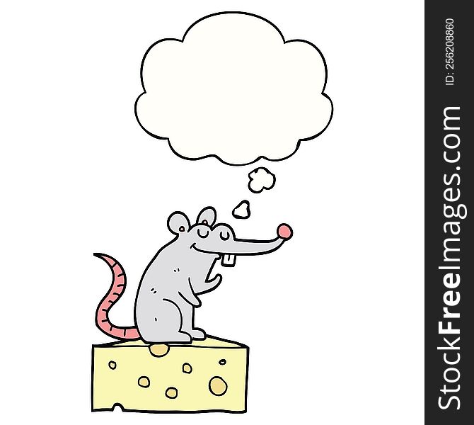 Cartoon Mouse Sitting On Cheese And Thought Bubble