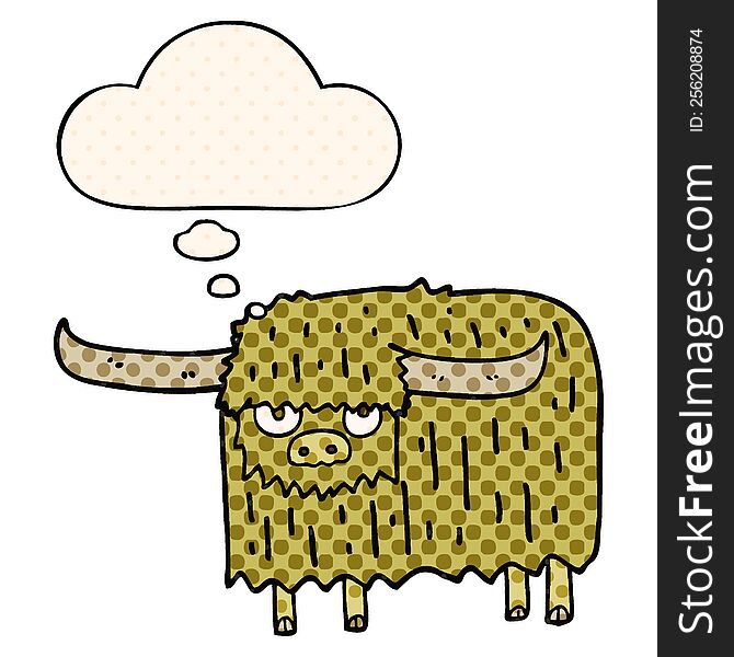 cartoon hairy cow with thought bubble in comic book style