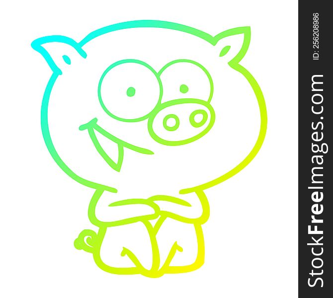cold gradient line drawing of a cheerful sitting pig cartoon