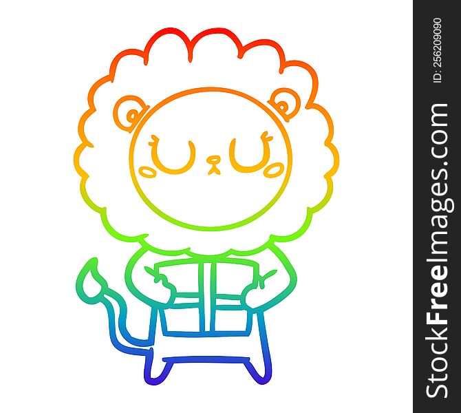 rainbow gradient line drawing of a cartoon lion with christmas present