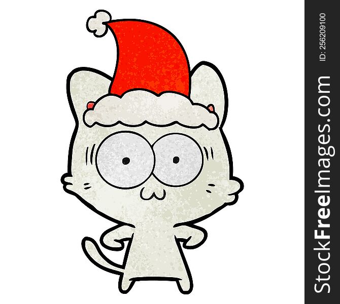 Textured Cartoon Of A Surprised Cat Wearing Santa Hat
