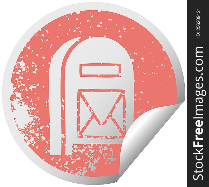 distressed circular peeling sticker symbol of a mail box