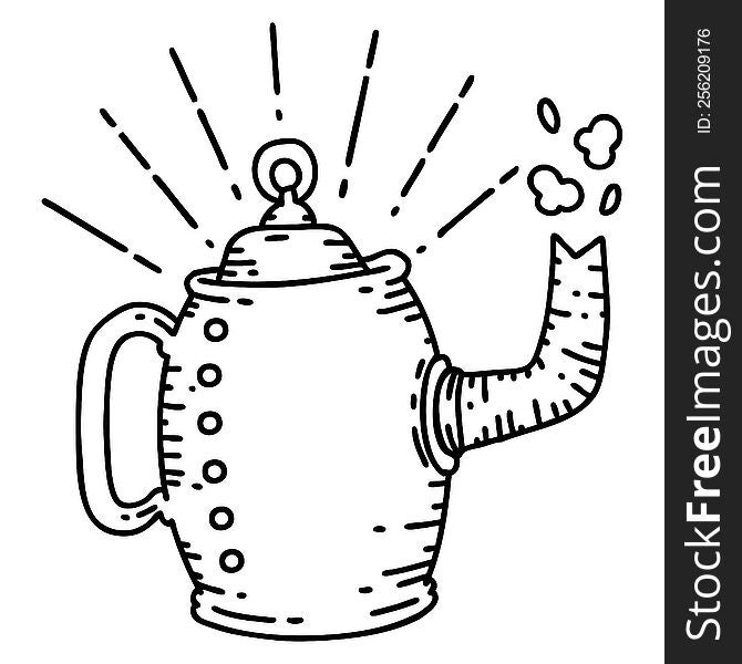 illustration of a traditional black line work tattoo style old coffee pot steaming