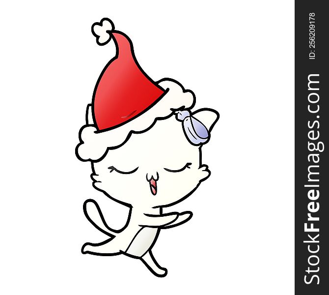 hand drawn gradient cartoon of a cat with bow on head wearing santa hat