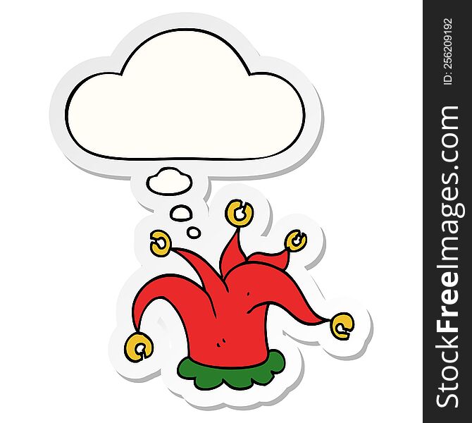 cartoon jester hat with thought bubble as a printed sticker