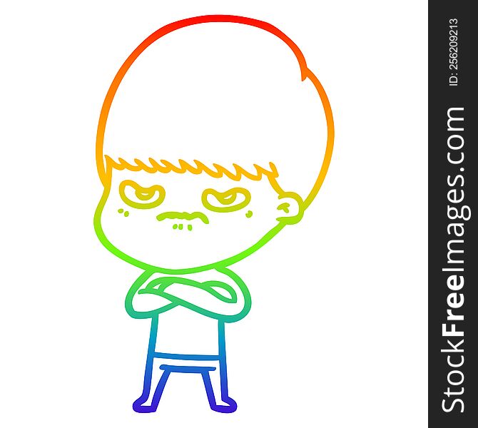 rainbow gradient line drawing of a cartoon angry boy