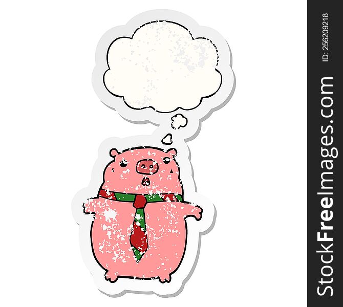 Cartoon Pig Wearing Office Tie And Thought Bubble As A Distressed Worn Sticker