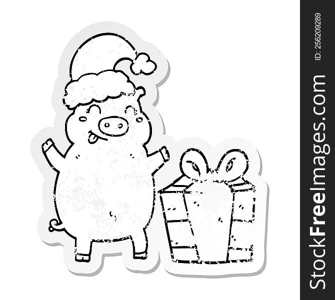 Distressed Sticker Of A Cartoon Happy Christmas Pig