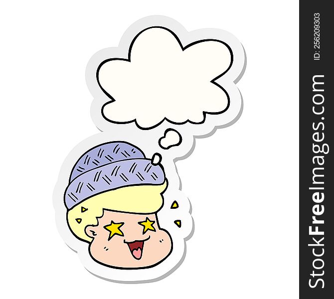 cartoon boy wearing hat with thought bubble as a printed sticker