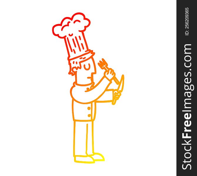 warm gradient line drawing cartoon chef with knife and fork