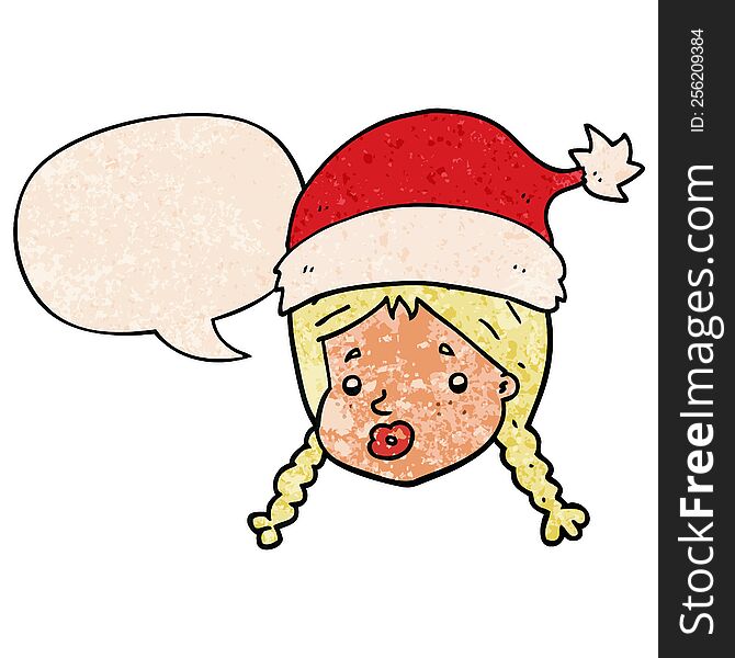 cartoon girl wearing christmas hat with speech bubble in retro texture style