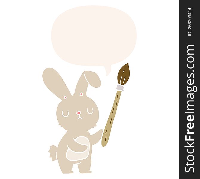 Cartoon Rabbit And Paint Brush And Speech Bubble In Retro Style