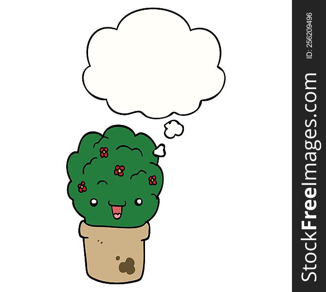 cartoon shrub in pot with thought bubble. cartoon shrub in pot with thought bubble