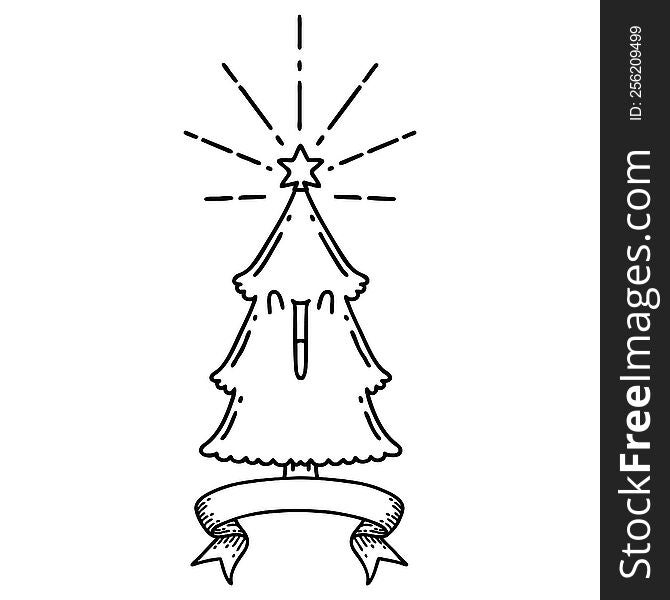 Banner With Black Line Work Tattoo Style Christmas Tree With Star