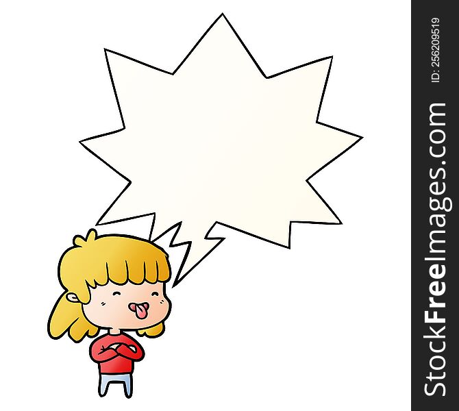 cartoon girl sticking out tongue with speech bubble in smooth gradient style