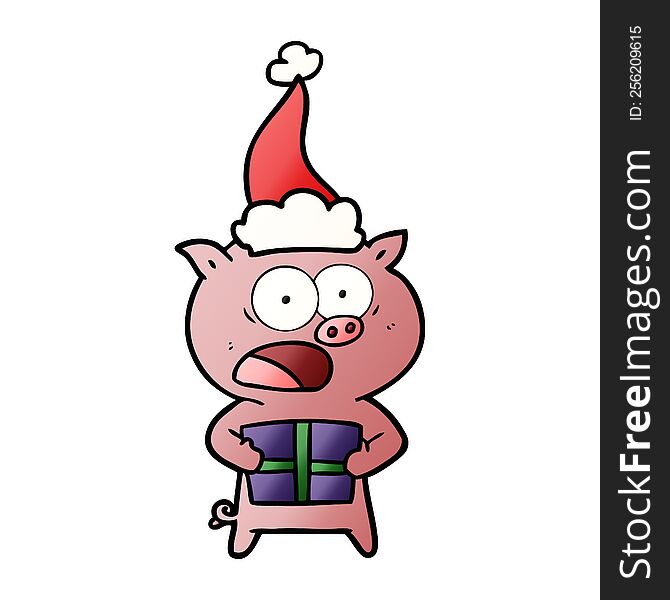 hand drawn gradient cartoon of a pig with christmas present wearing santa hat