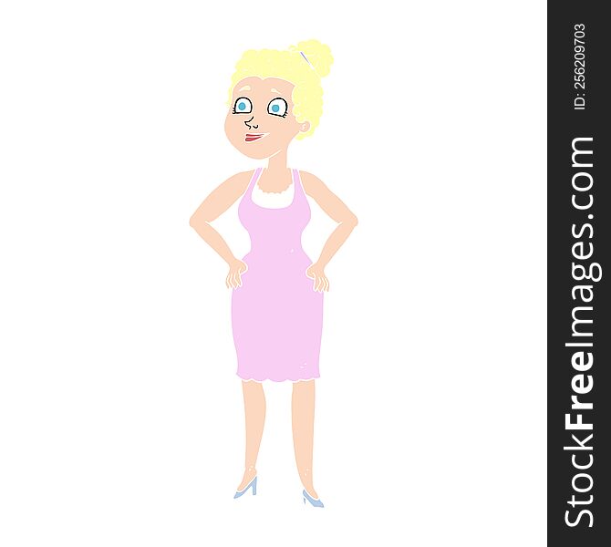 Flat Color Illustration Of A Cartoon Woman Wearing Dress