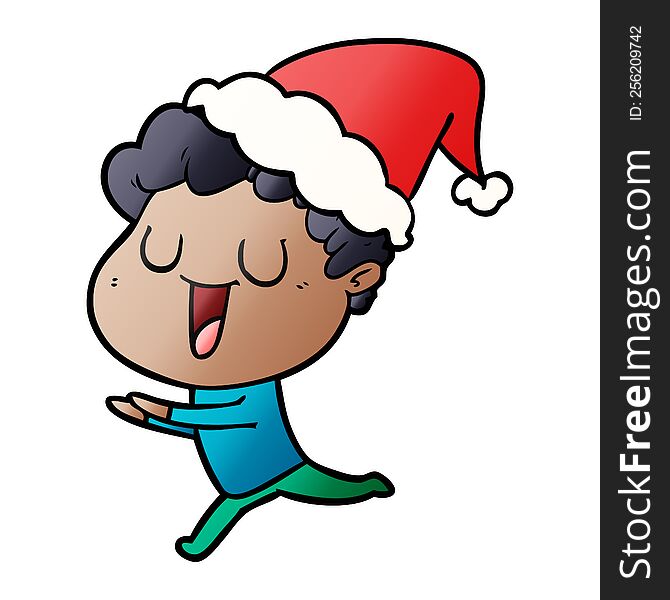 laughing hand drawn gradient cartoon of a man running wearing santa hat. laughing hand drawn gradient cartoon of a man running wearing santa hat