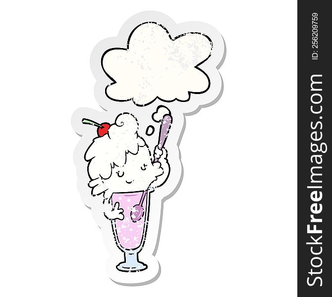 cartoon ice cream soda girl and thought bubble as a distressed worn sticker