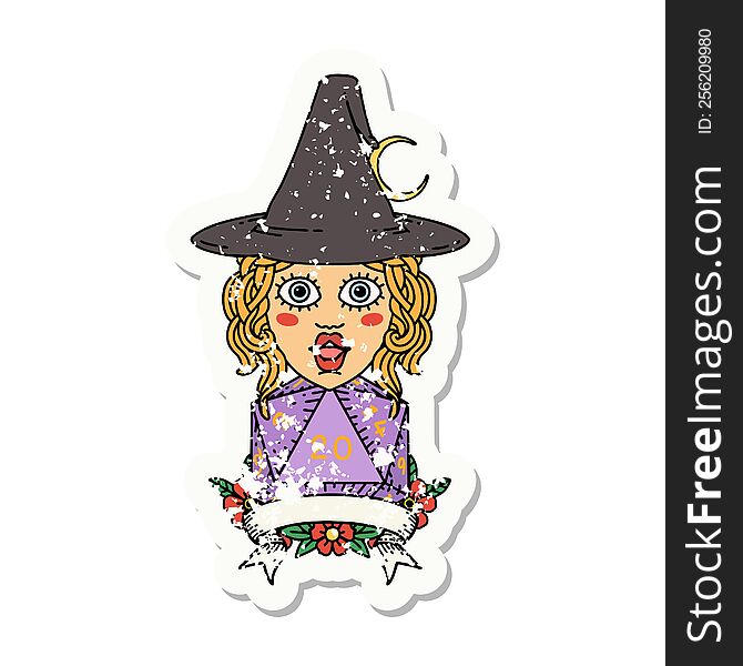 grunge sticker of a human witch with natural twenty dice roll. grunge sticker of a human witch with natural twenty dice roll