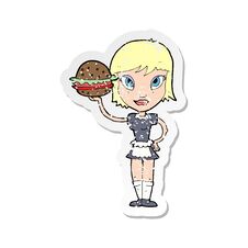 Retro Distressed Sticker Of A Cartoon Waitress With Burger Royalty Free Stock Photo