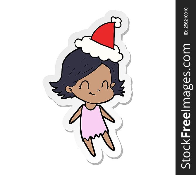 Sticker Cartoon Of A Friendly Girl Wearing Santa Hat