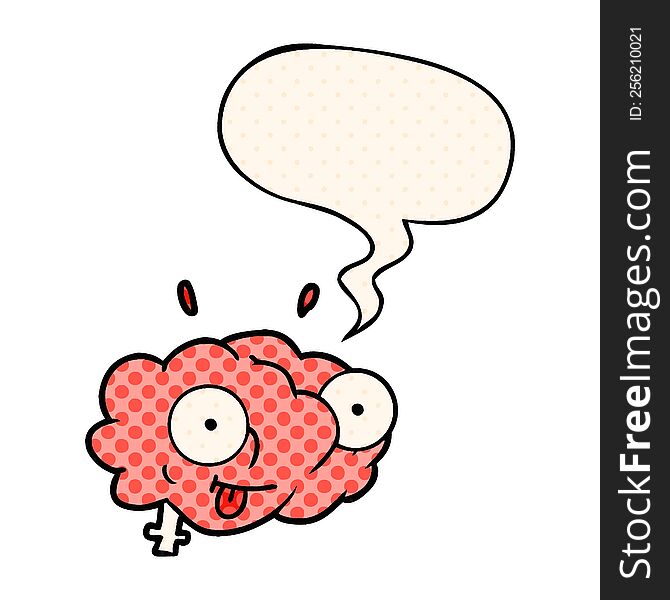 funny cartoon brain with speech bubble in comic book style