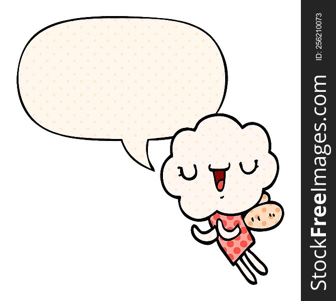 Cute Cartoon Cloud Head Creature And Speech Bubble In Comic Book Style