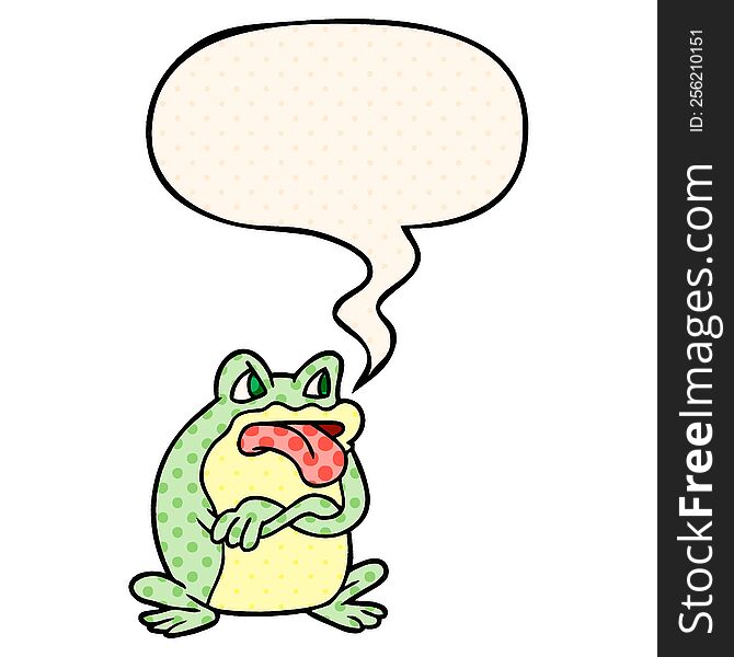 grumpy cartoon frog with speech bubble in comic book style