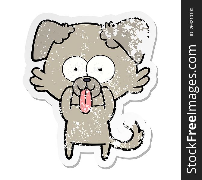 distressed sticker of a cartoon dog with tongue sticking out