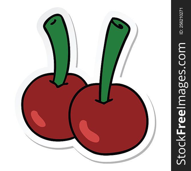 sticker of a quirky hand drawn cartoon cherries