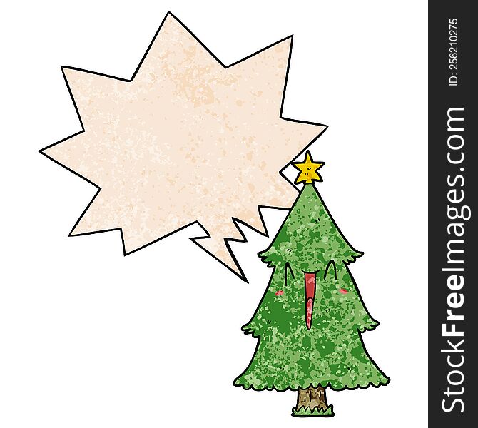 cartoon christmas tree and speech bubble in retro texture style