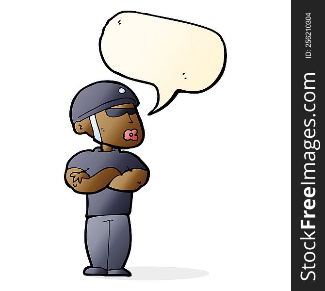 cartoon security guard with speech bubble