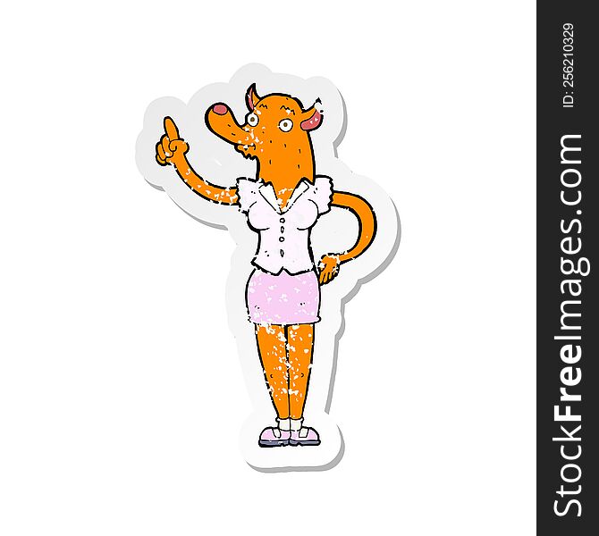 retro distressed sticker of a cartoon fox woman with idea