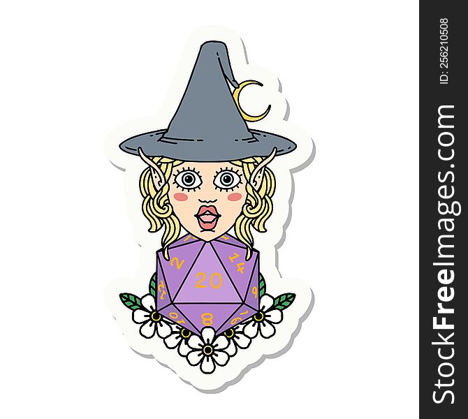 Elf Mage Character With Natural Twenty Dice Roll Sticker