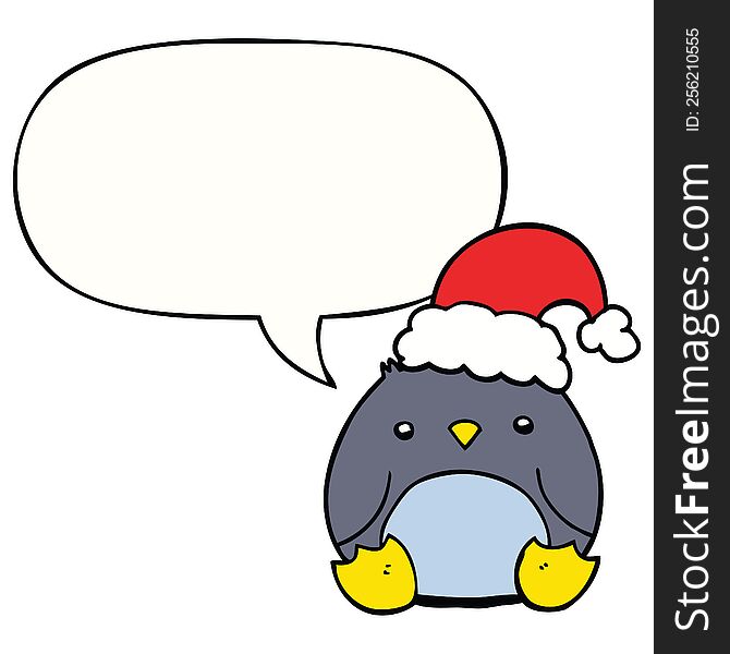 cute cartoon penguin wearing christmas hat with speech bubble