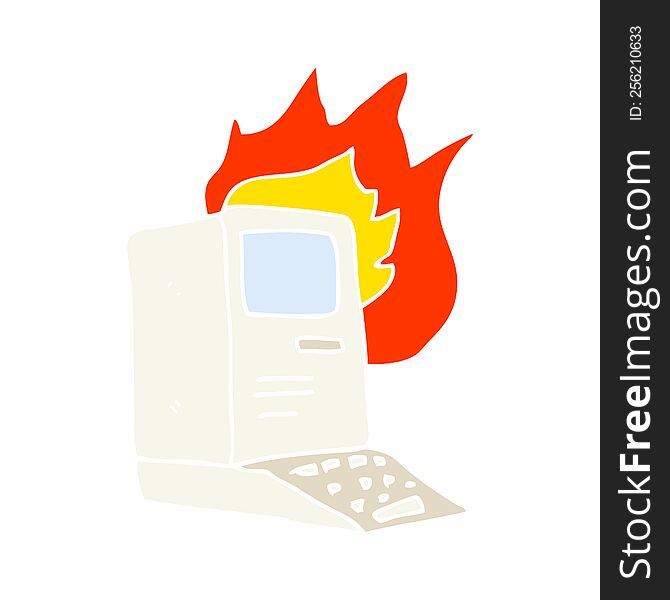 Flat Color Illustration Of A Cartoon Old Computer On Fire