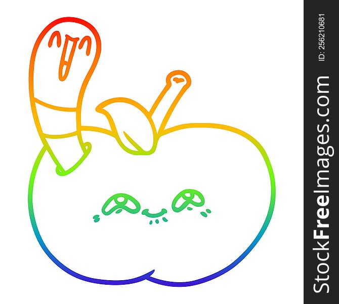 Rainbow Gradient Line Drawing Cartoon Worm In Happy Apple