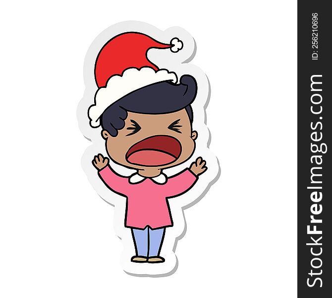 Sticker Cartoon Of A Shouting Man Wearing Santa Hat