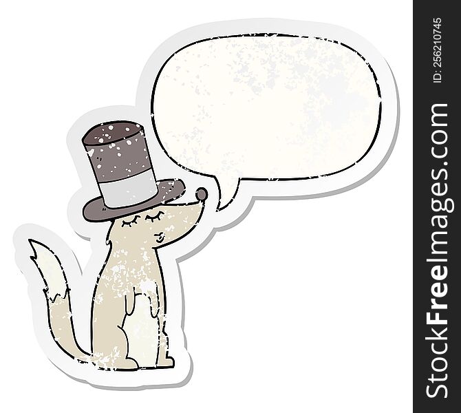 Cartoon Wolf Whistling Wearing Top Hat And Speech Bubble Distressed Sticker