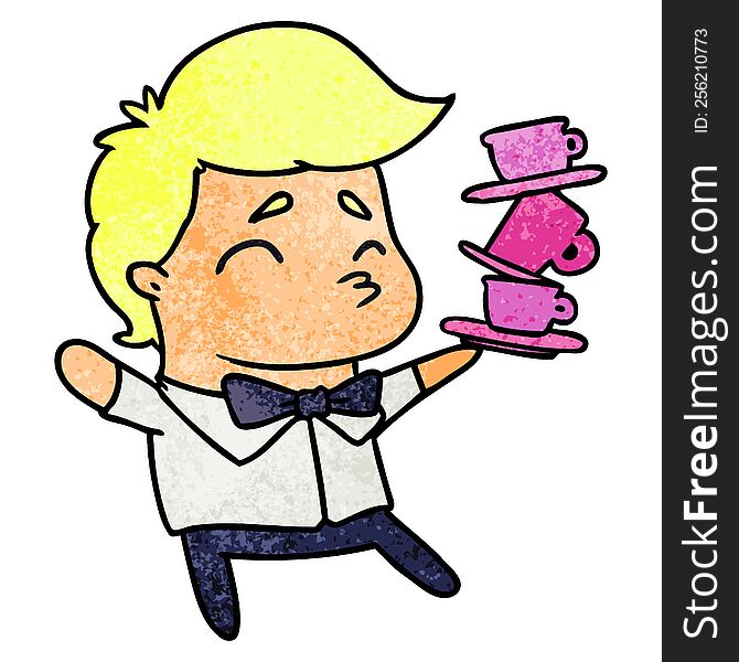textured cartoon illustration of a kawaii cute waiter. textured cartoon illustration of a kawaii cute waiter