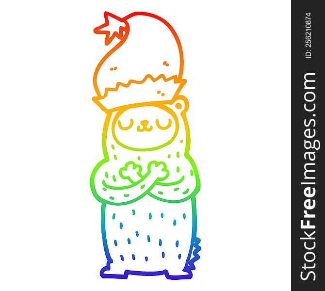 rainbow gradient line drawing of a cartoon bear wearing christmas hat
