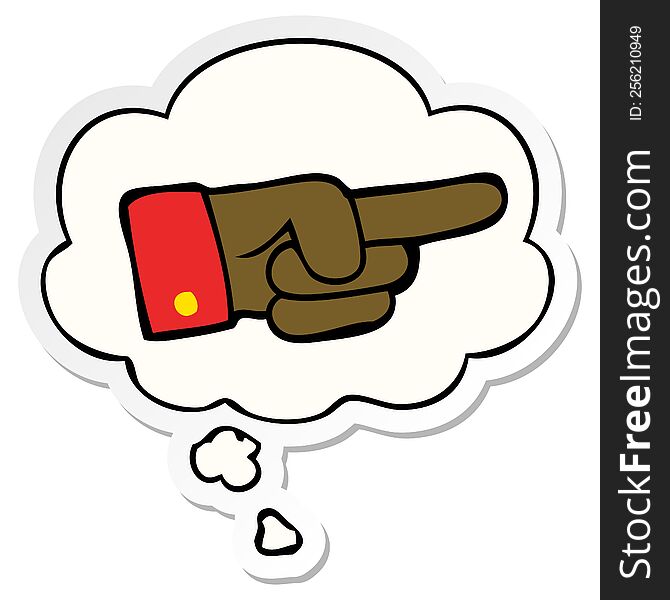 cartoon pointing hand with thought bubble as a printed sticker