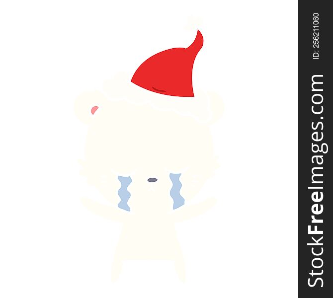 Crying Flat Color Illustration Of A Polarbear Wearing Santa Hat
