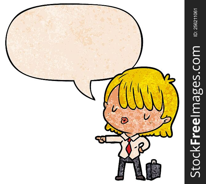 Cartoon Efficient Businesswoman Giving Orders And Speech Bubble In Retro Texture Style