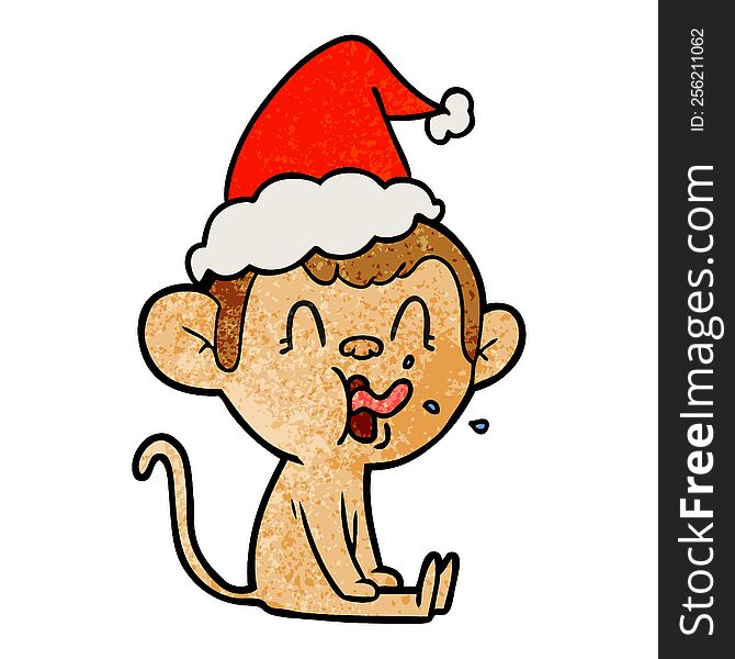 Crazy Textured Cartoon Of A Monkey Sitting Wearing Santa Hat