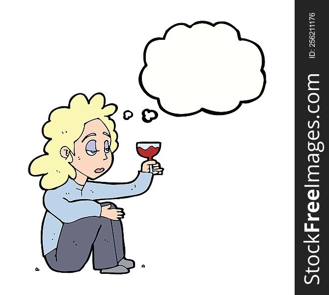 Cartoon Unhappy Woman With Glass Of Wine With Thought Bubble