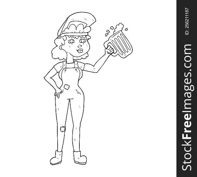 black and white cartoon hard working woman with beer